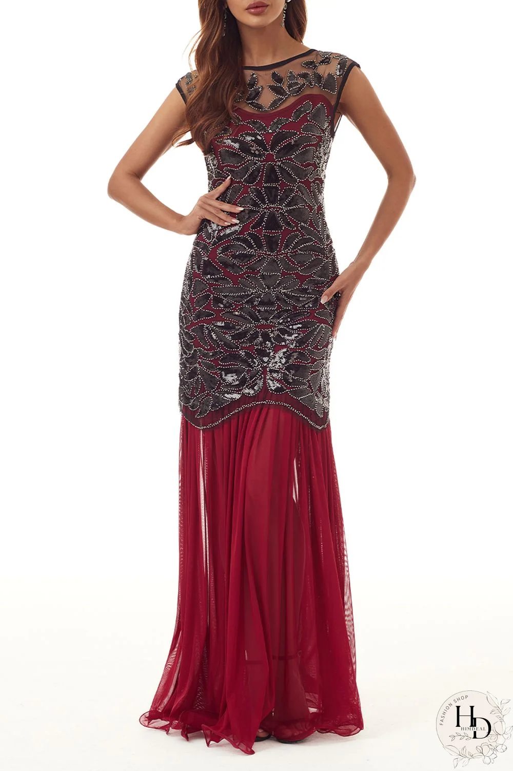 Elegant Formal Patchwork Sequins Beading Zipper O Neck Evening Dress Dresses