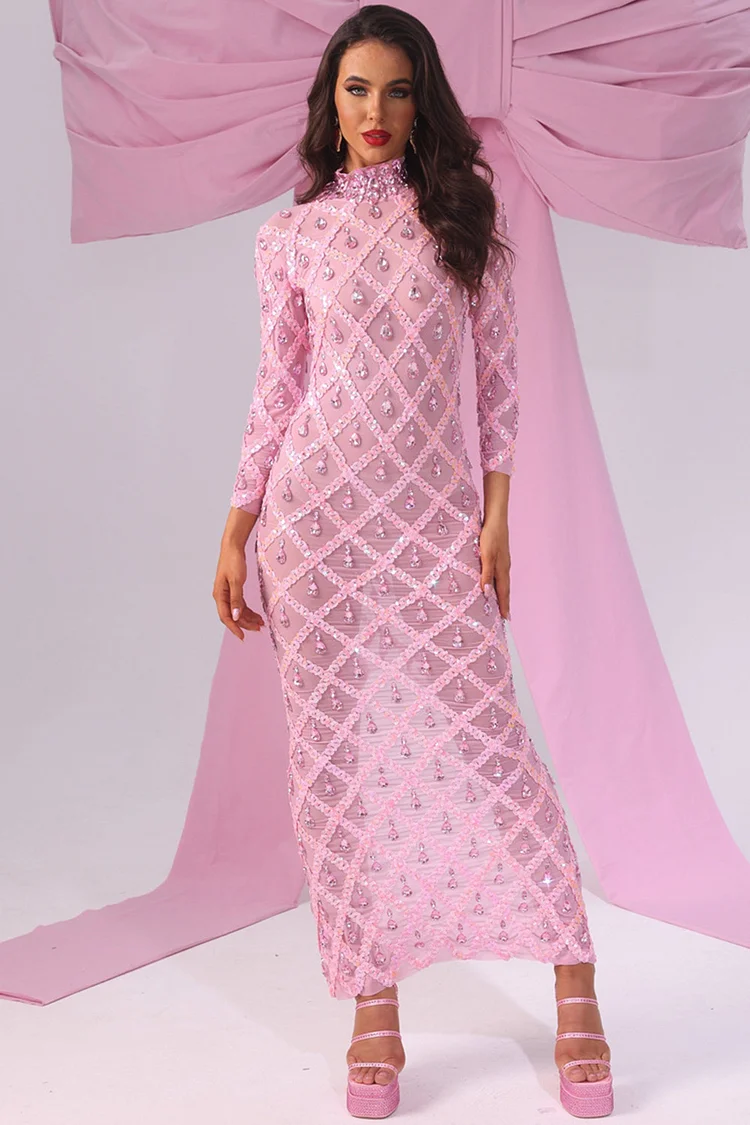 Sequin Rhinestone Embellished Mock Neck Bodycon Maxi Dress-Pink