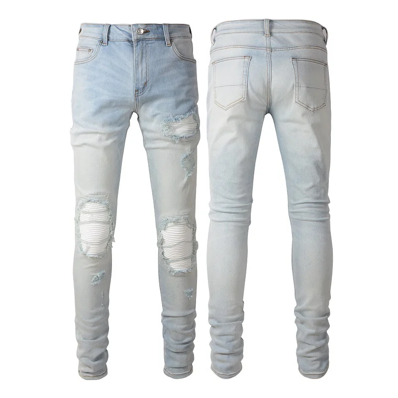 Men's Vintage Jeans High Street Light Blue Ripped Patch Elastic Skinny Boys Jeans