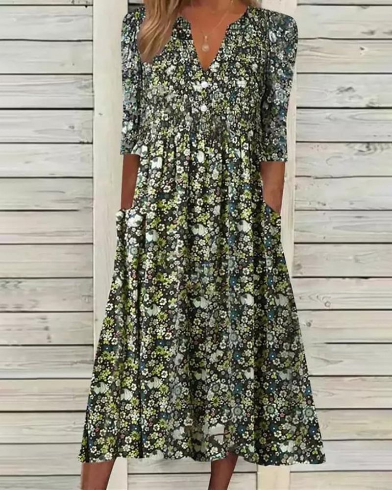 Casual Short Sleeve St Patricks Day Woven V Neck Floral Midi Dress