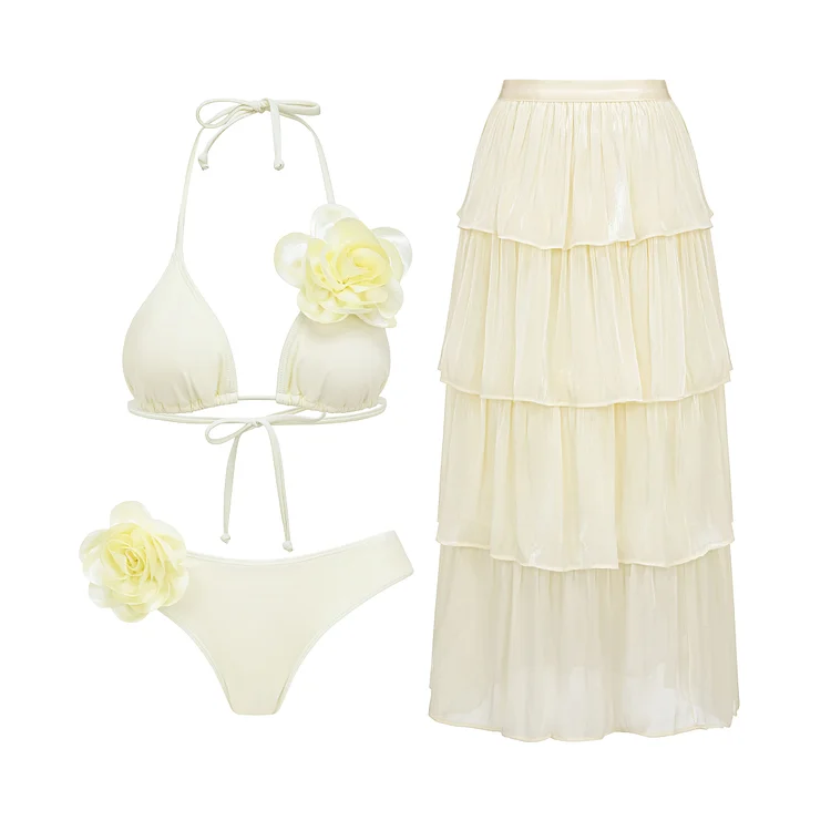 Sexy 3D Flowers Halter Solid Color Bikini Swimsuit and Skirt