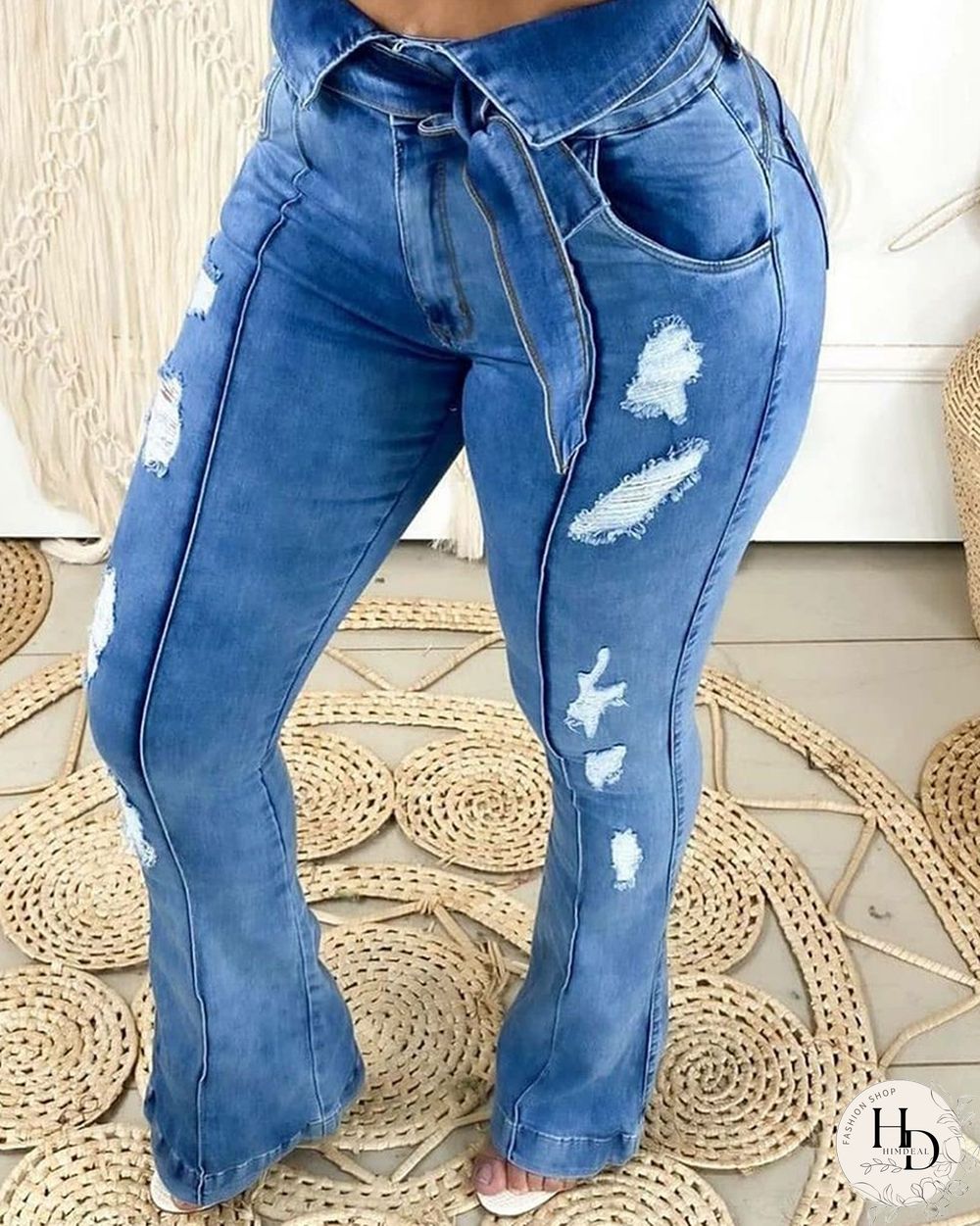 Solid Ripped Lace-up Skinny Bell Denim Pants