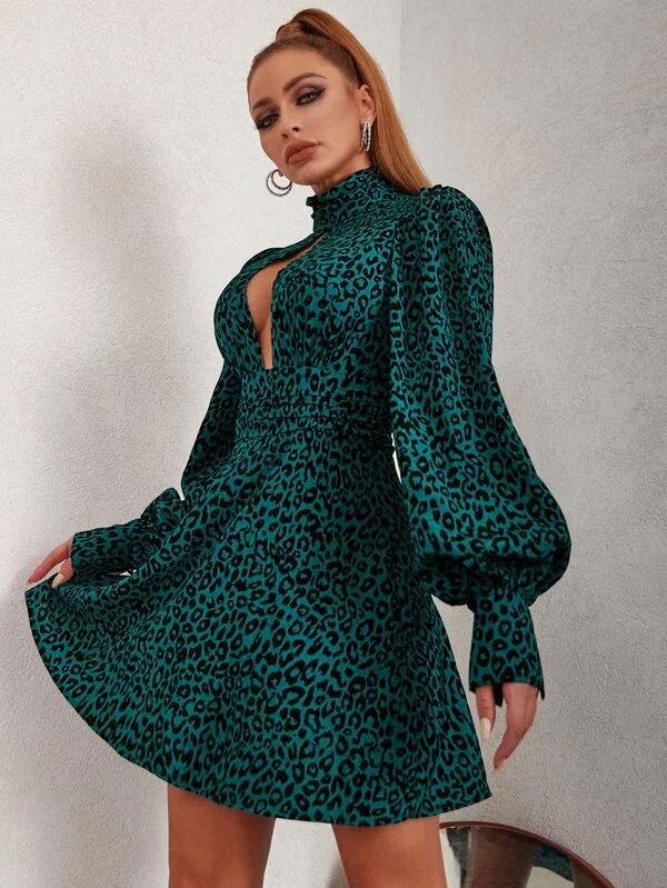 Double Crazy Leopard Print Cut Out Lantern Sleeve High Neck Dress