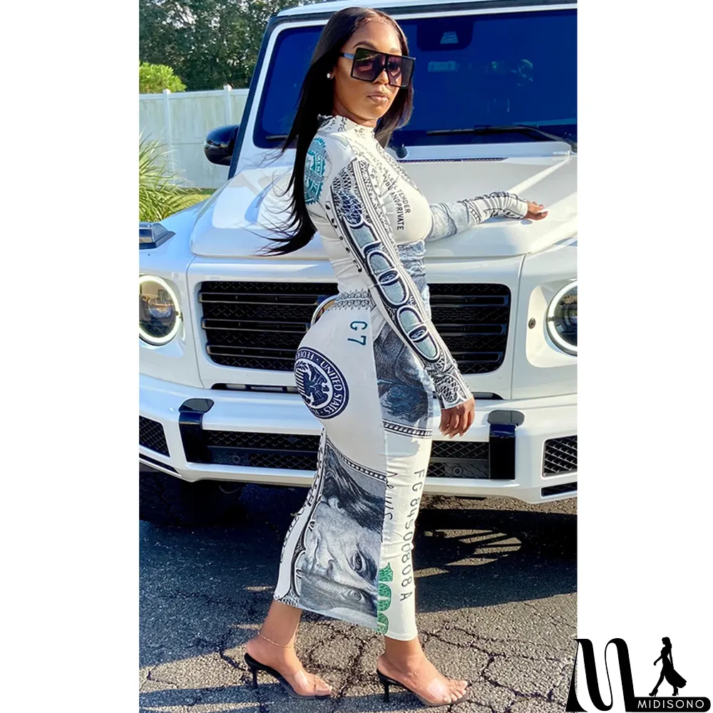 MidiSono - Money Print Sexy Long Party Dress with Full Sleeves