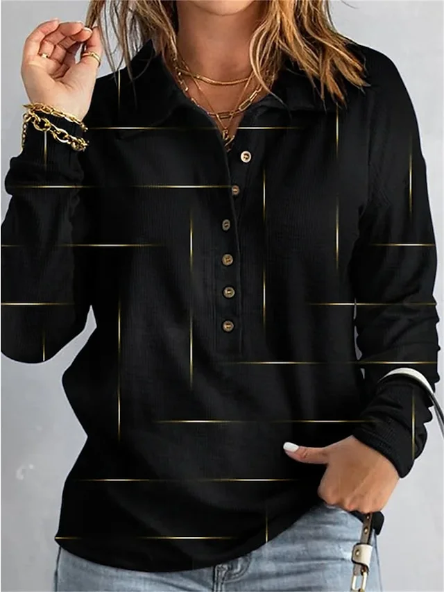 Women's Sweatshirt Pullover Basic Button Black Blue Geometric Street V Neck Long Sleeve socialshop