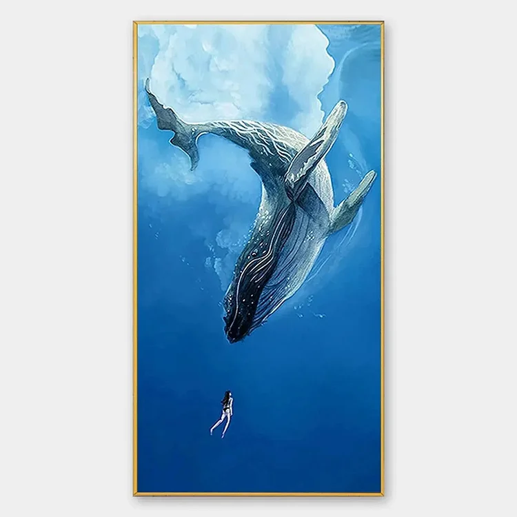 WHALE ENCOUNTER: Majestic Whale and Diver Painting, Vertical Wall Art（Canvas painting）