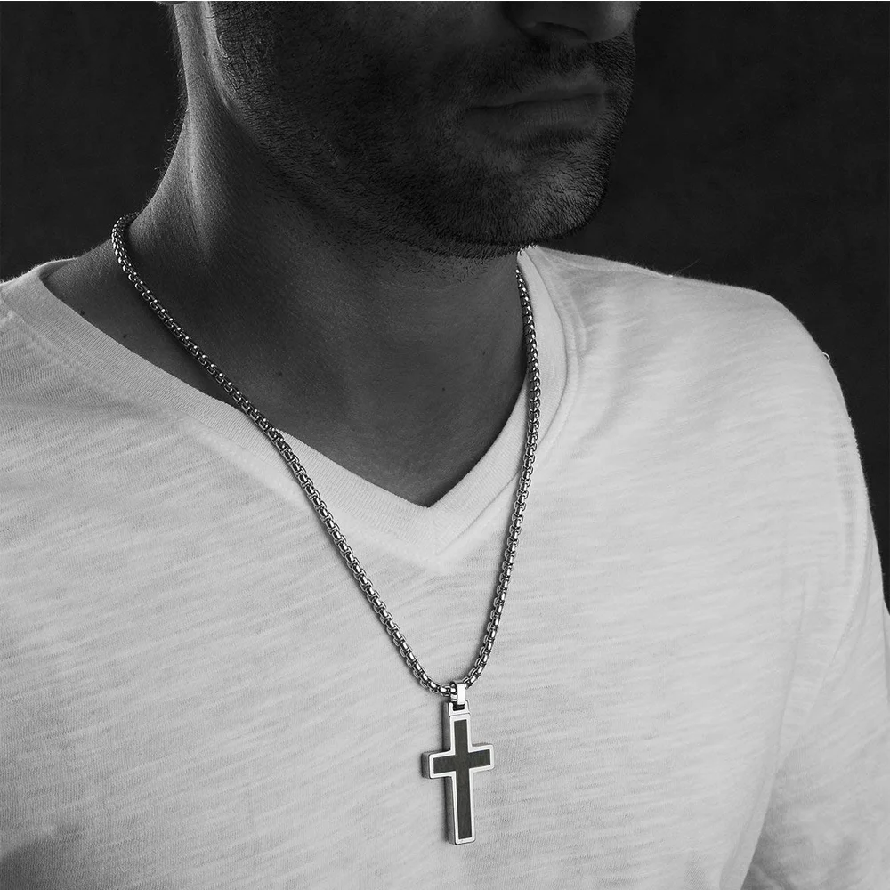 Women's Or Men's Unique Tungsten Cross Pendant .4mm Wide Surgical Stainless Steel Box Chain. Grey Wood Inlay Necklace Jewelry Gifts For Mens And Womens