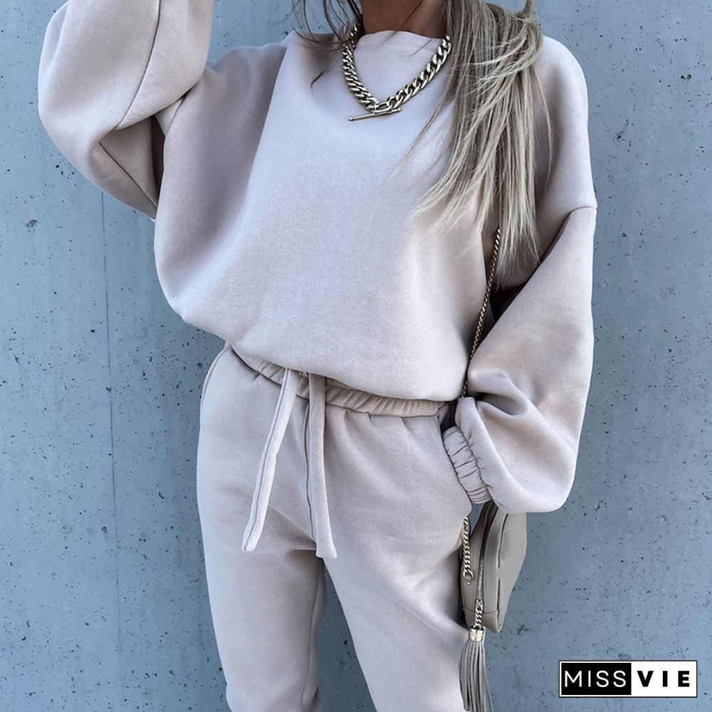 Plain O-Neck Casual Long-Sleeved Sweatshirt Two-Piece Suit