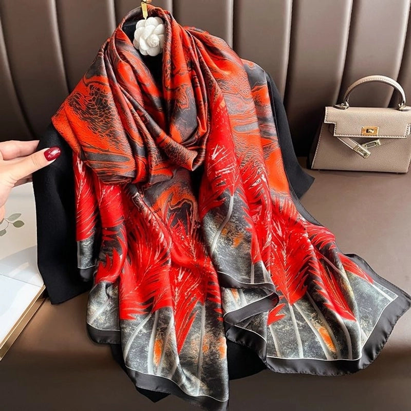 Women’s Fashion Letter Plaid Satin Printing Silk Scarves