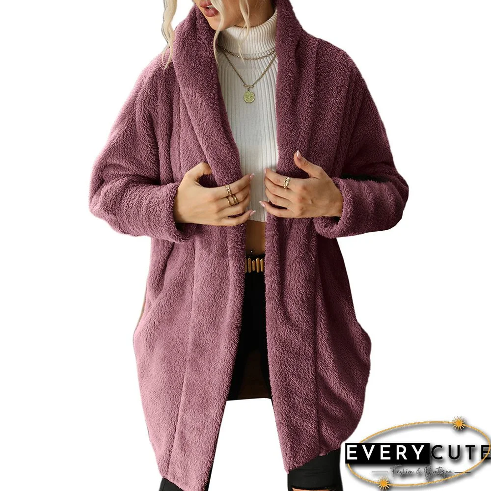 Purple Red Open Front Double Faced Plush Lapel Cardigan