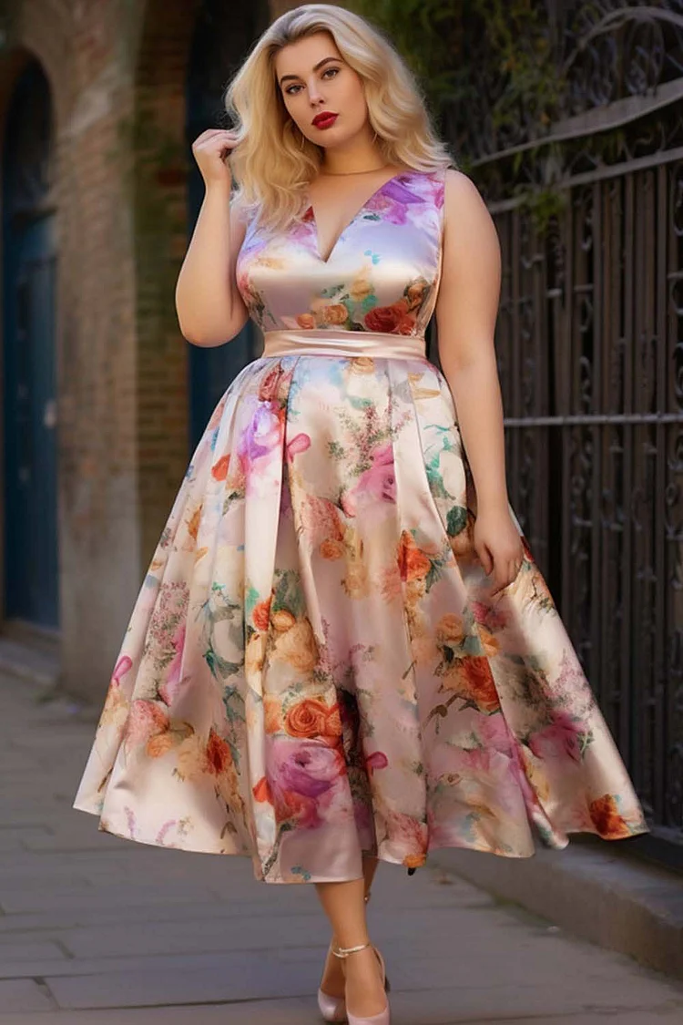 Xpluswear Design Plus Size Mother Of The Bride Pink Floral V Neck Pleated Midi Dresses [Pre-Order]