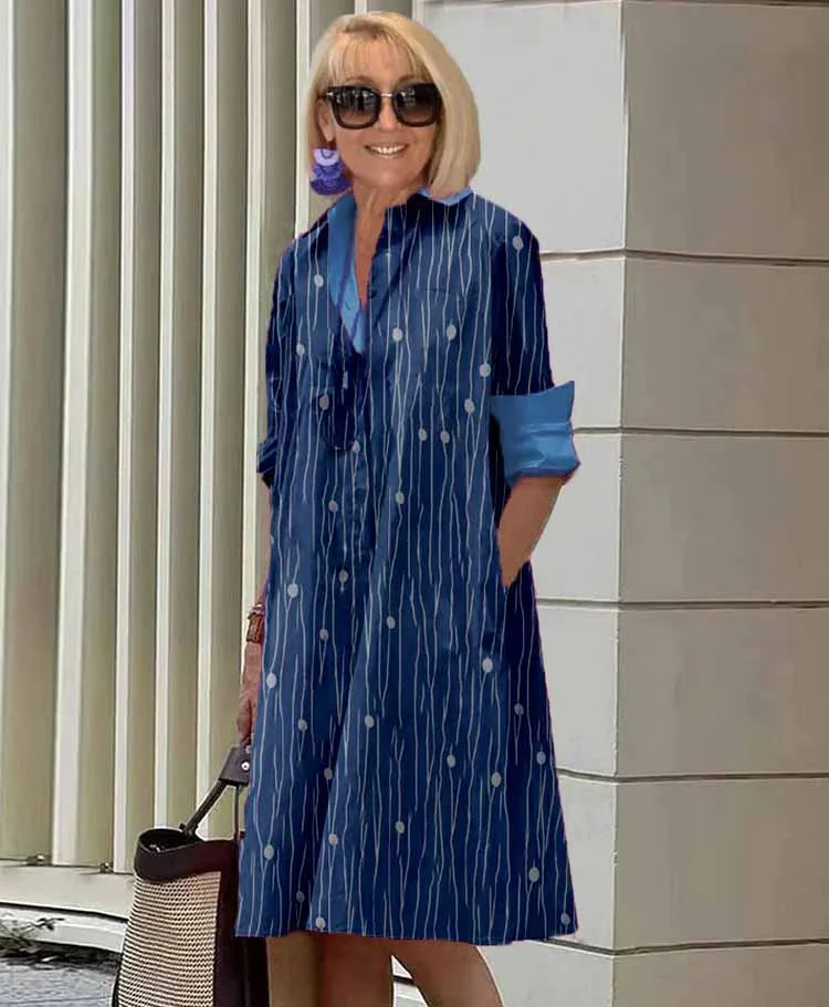 Striped Polka Dot Collar Long Sleeve Pocket Mid-Length Tunic Dress VangoghDress