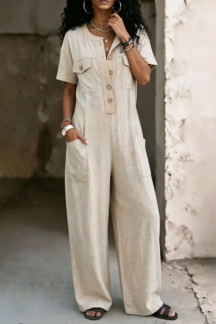 Women's Short Sleeve Cotton Linen Jumpsuit