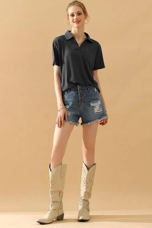 Basic Short Sleeve Pocket Callar Top