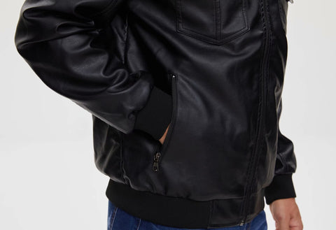 Men's PU Faux Leather Jacket Bomber Jacket with Removable Hood Motorcycle Jacket