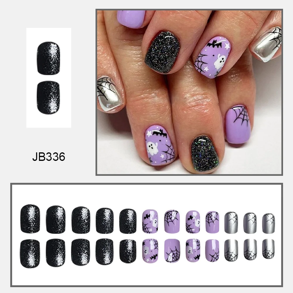 Churchf Short Square Nail Lavender Bat Ghost Spider Web Halloween Element Fake Nails Finished Wear Nail Holiday Nail