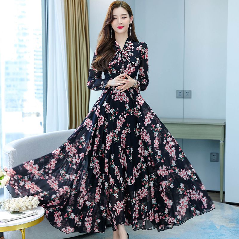 Gamezlines Dress to Impress Outfit Combos – Fashionable Autumn New British Style Waist Cinching Slimming Long Sleeved Cross Knee Bow V-neck Display Long Dress for Women