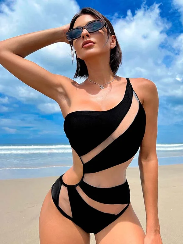 Sexy Asymmetric See-Through Split-Joint One-Shoulder One-Piece Swimwear