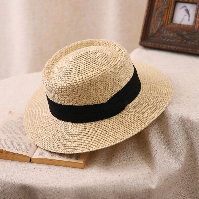 Big Head Straw Hat Women’s Flat Top Hat Flat Brim Sunshade Hat Fashionable Women’s Straw Sun Hat Showing Small Face