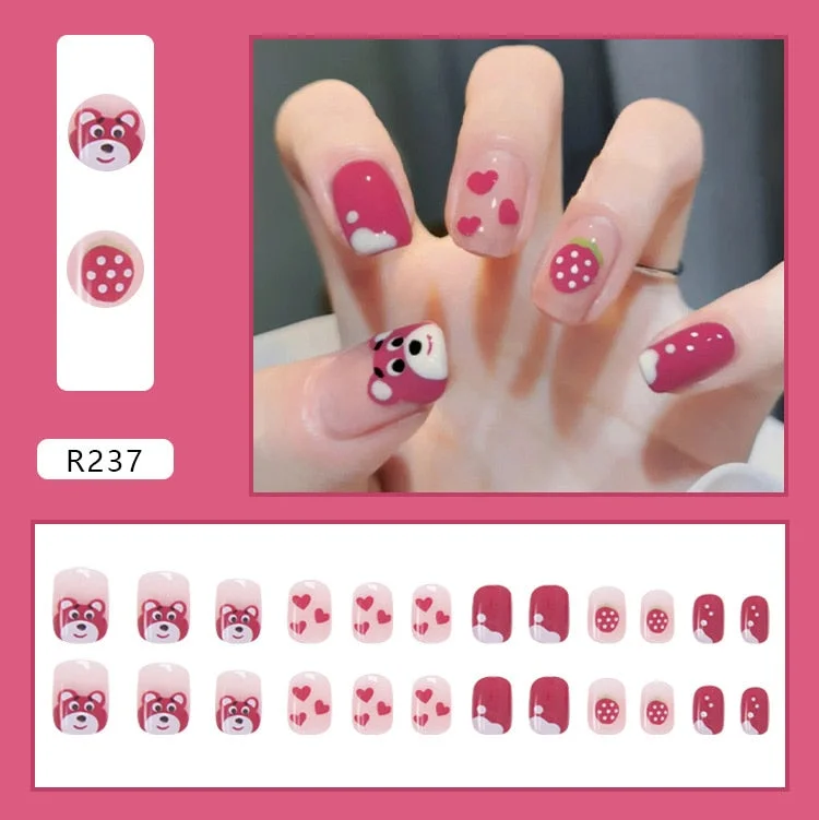 Fall nails Christmas nails 24pcs/box Fake Nails Press on Short Reusable False Nail Set Bear Strawberry Artificial Pink False Tipsy Stick-on Nails Tips Art