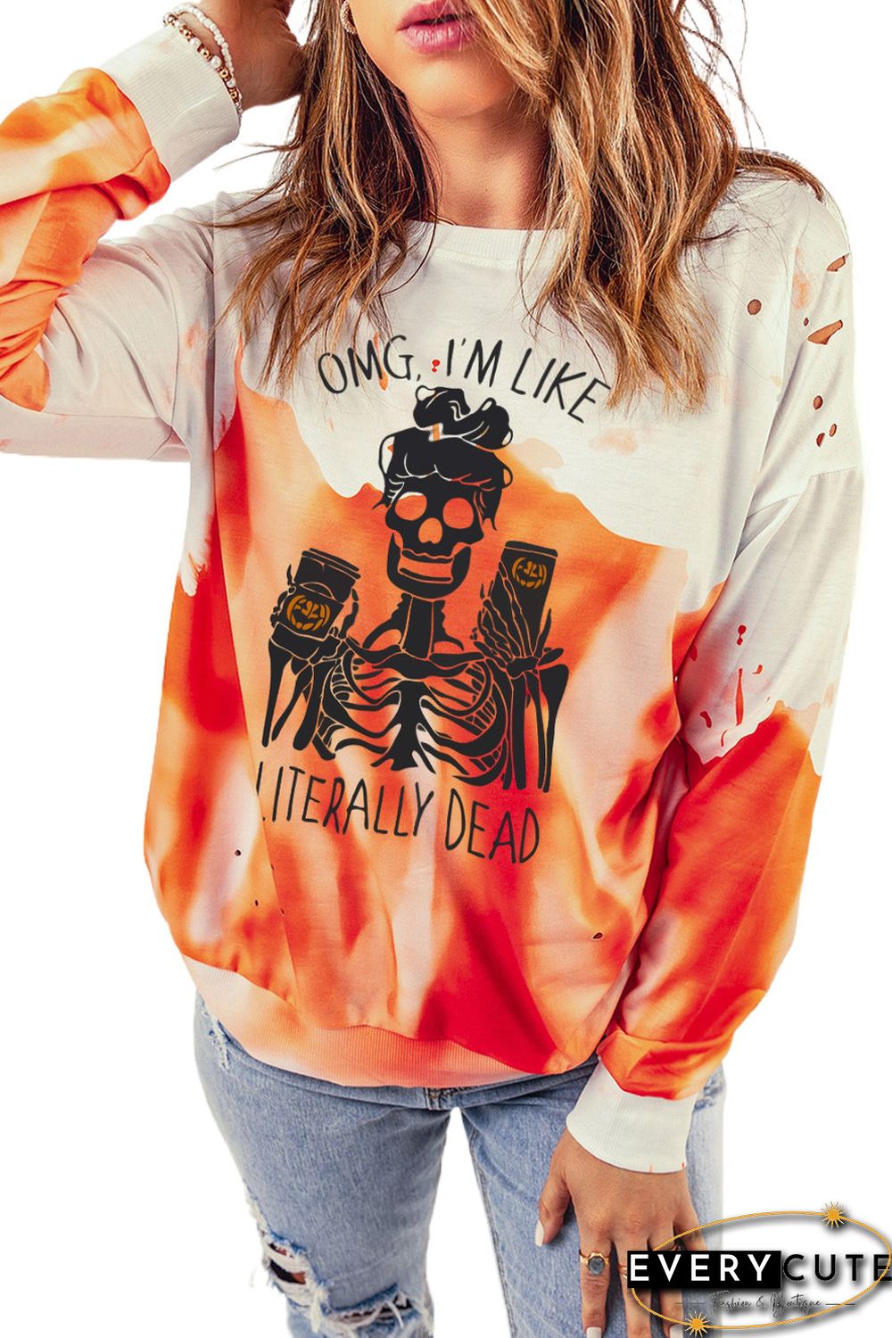 Orange Skeleton Letter Tie Dye Print Pullover Sweatshirt