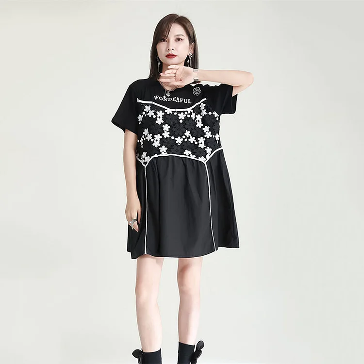 Chic O-neck Letter Printed Floral Lace Patchwork Short Sleeve Mini Dress       