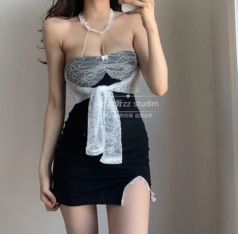 ABEBEY  Lace Mesh Transparent Slash Neck Strapless Split Mature Hot  Korean Women Mini Dress Boho Y2K Girl Female 4LX