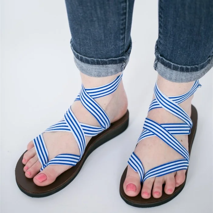 Blue and White Stripes Summer Sandals Open Toe Flat Shoes US Size 3-15 |FSJ Shoes