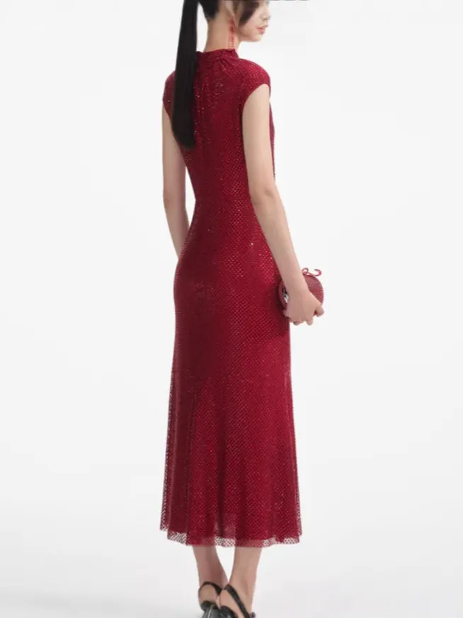 Brownm Exploding New Hot Women's Long Hot Diamond Sexy Flower Dress Dinner Dress Temperament Ass