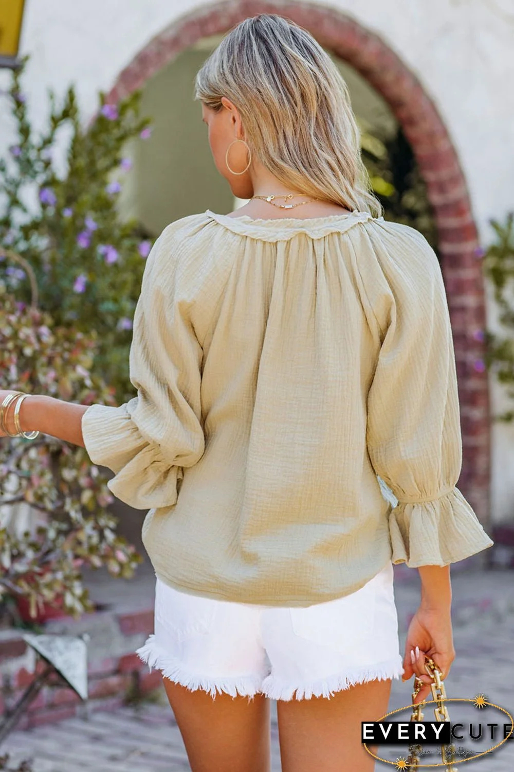 Green Textured Ruffled 3/4 Sleeve Drawstring V Neck Top