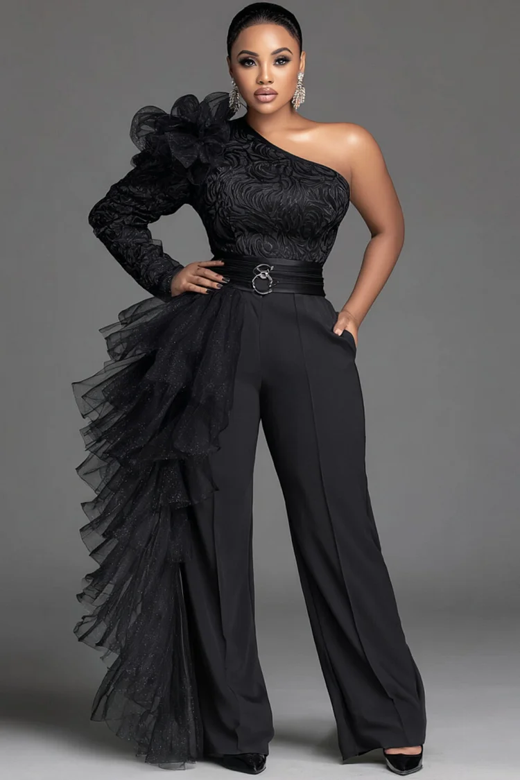 Xpluswear Design Plus Size Formal Black One Shoulder Long Sleeve 3D Elegant Pocket Jumpsuits [Pre-Order]