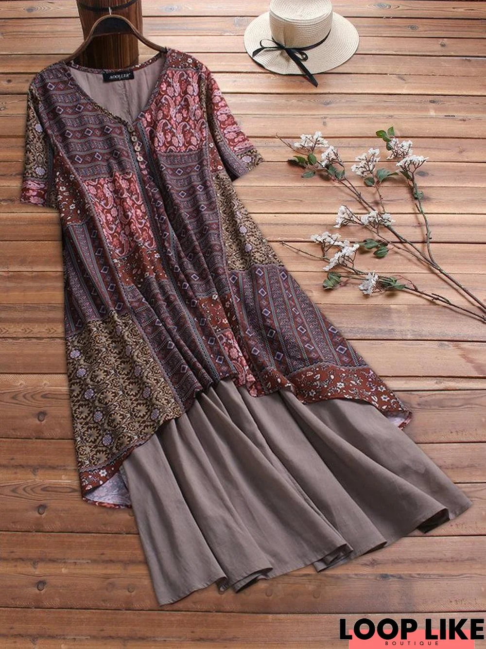 Loose Dress Short-Sleeved Cotton Linen Print Fashion Floral Dress