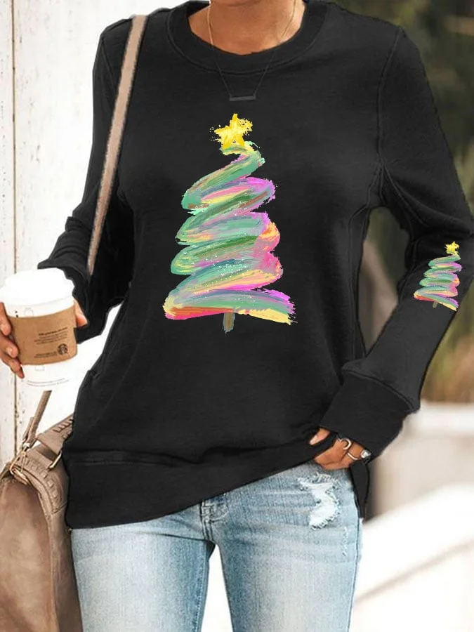 Women's Oil Painting   Christmas TreePrint Sweatshirt