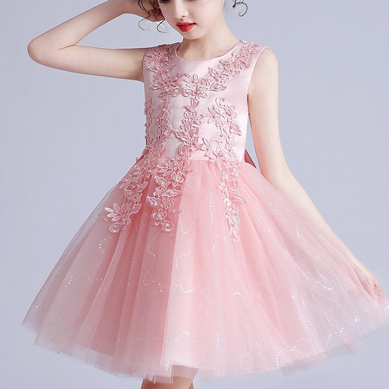 Girls' Dress 4-12 Kids Sweet Wedding Party Clothing Frock Flower Beading Gown Princess Summer Girls‘ Short Dress Costumes M683