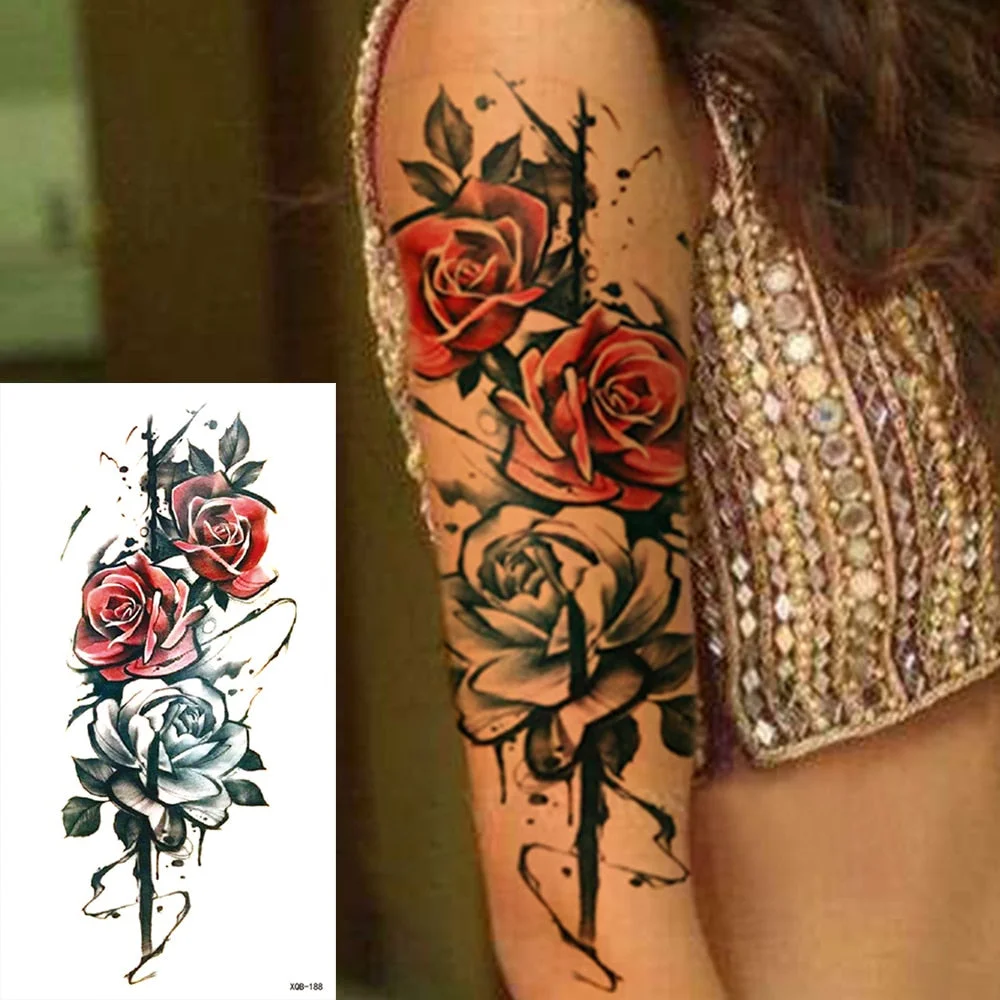 Waterproof Temporary Tattoo Sticker 3D Lace Rose Flower Tattoos Line Lotus Body Art Arm Fake Sleeve Tatoo Women Men