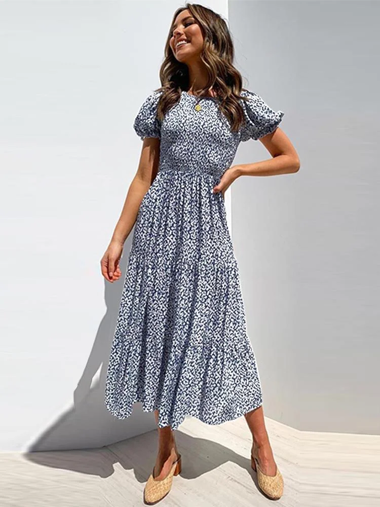 Short Sleeve Floral Round Neck Midi Dress