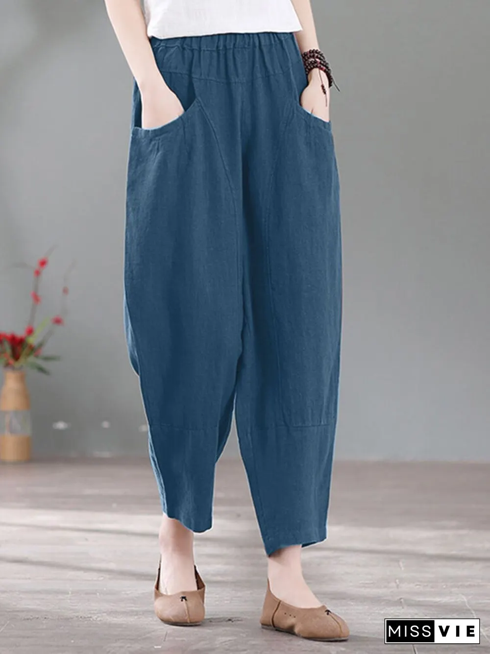 Solid Pocket Casual Cotton Pants