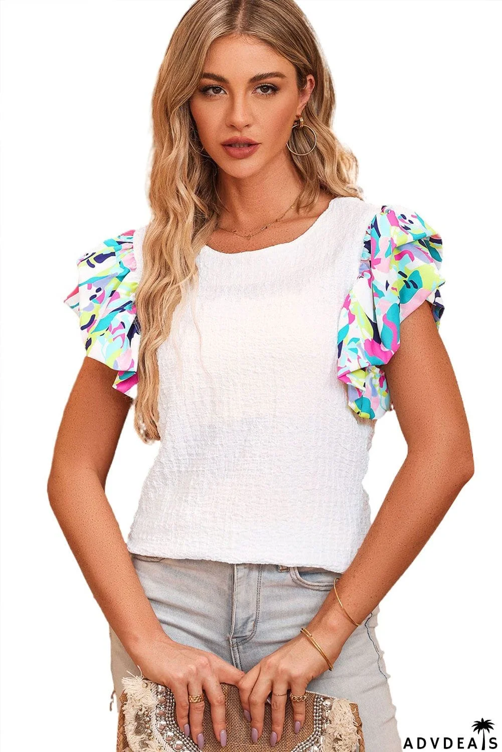 Multicolored Flutter Sleeve Round Neck Blouse