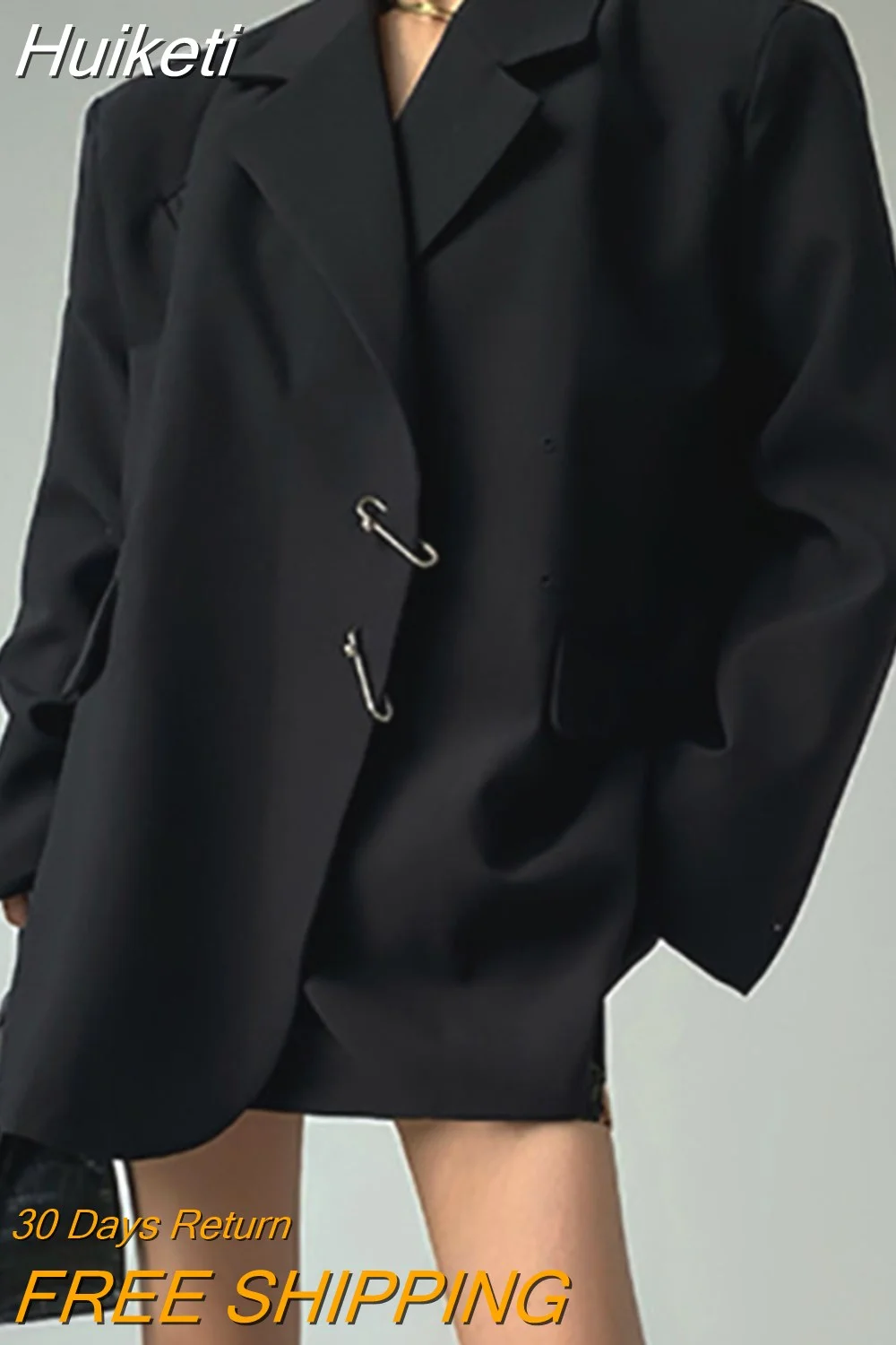 Huiketi Black Loose Brooch Button Simplicity Casual Temperament Autumn New All-match Suit Coat Fashion Women Blazer 5W321