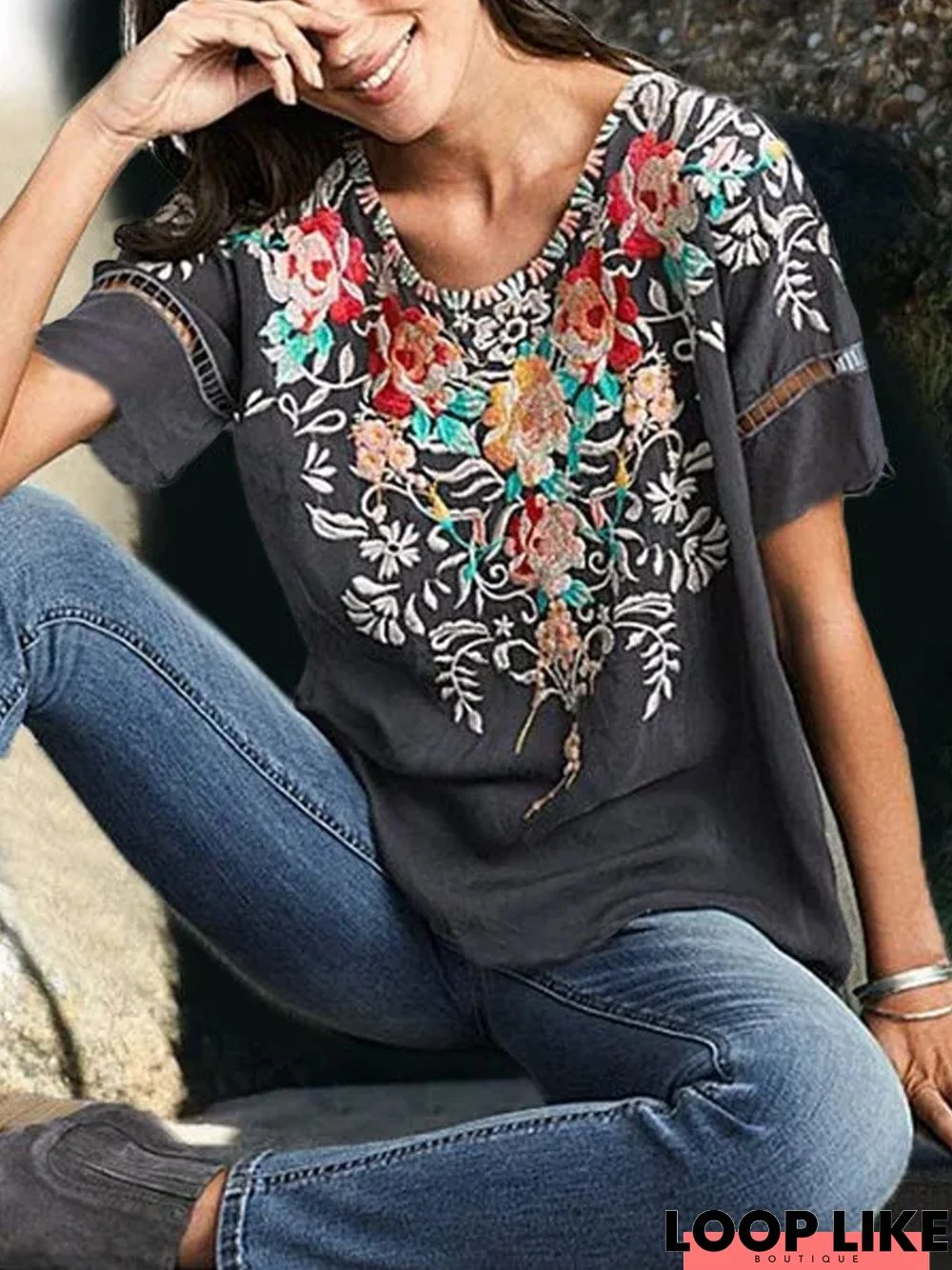 Round Neck Floral Casual Short Sleeve Summer Tunic T-Shirt