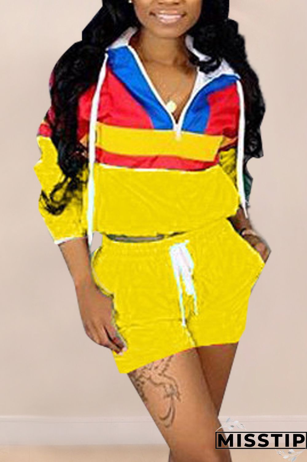 Green Casual Patchwork Sports Two-piece Set