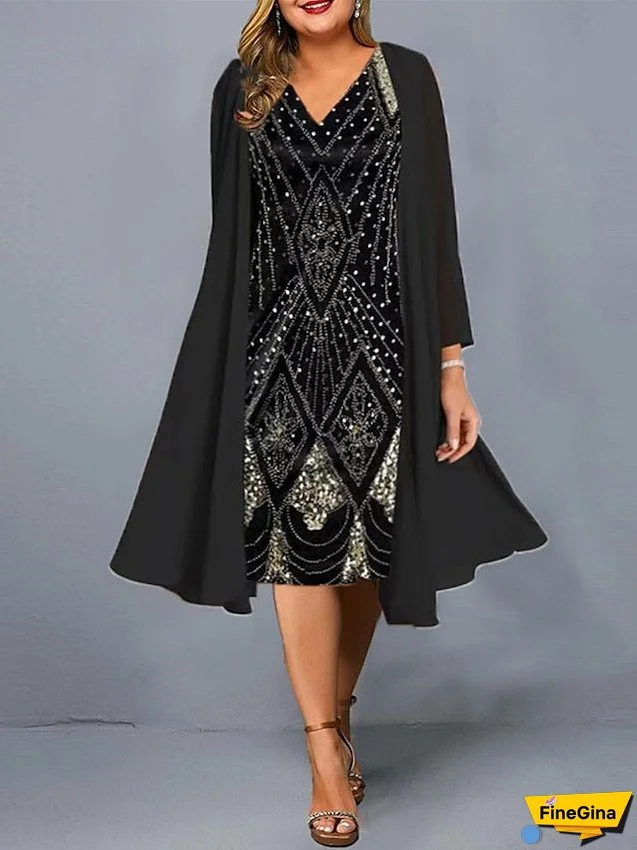 Women‘s Plus Size Curve Casual Dress Dress Set Two Piece Dress Floral Geometric Midi Dress Long Sleeve Print V Neck Fashion Daily Black Wine Spring Summer L XL XXL 3XL