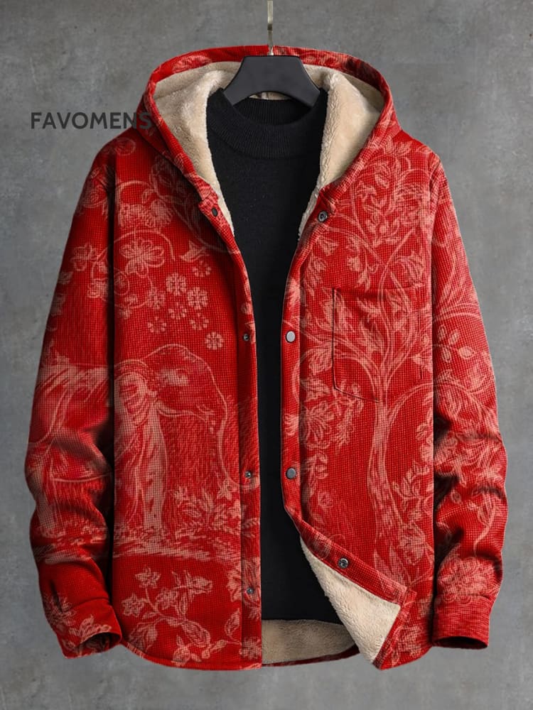 Vintage Elephant Branch Texture Print Waffle Plush Thickened Long Sleeve Hooded Jacket Multicolor /