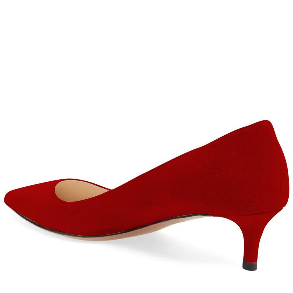 Faux Suede Pointed Toe Classy Red Pumps with Classic Kitten Heel 