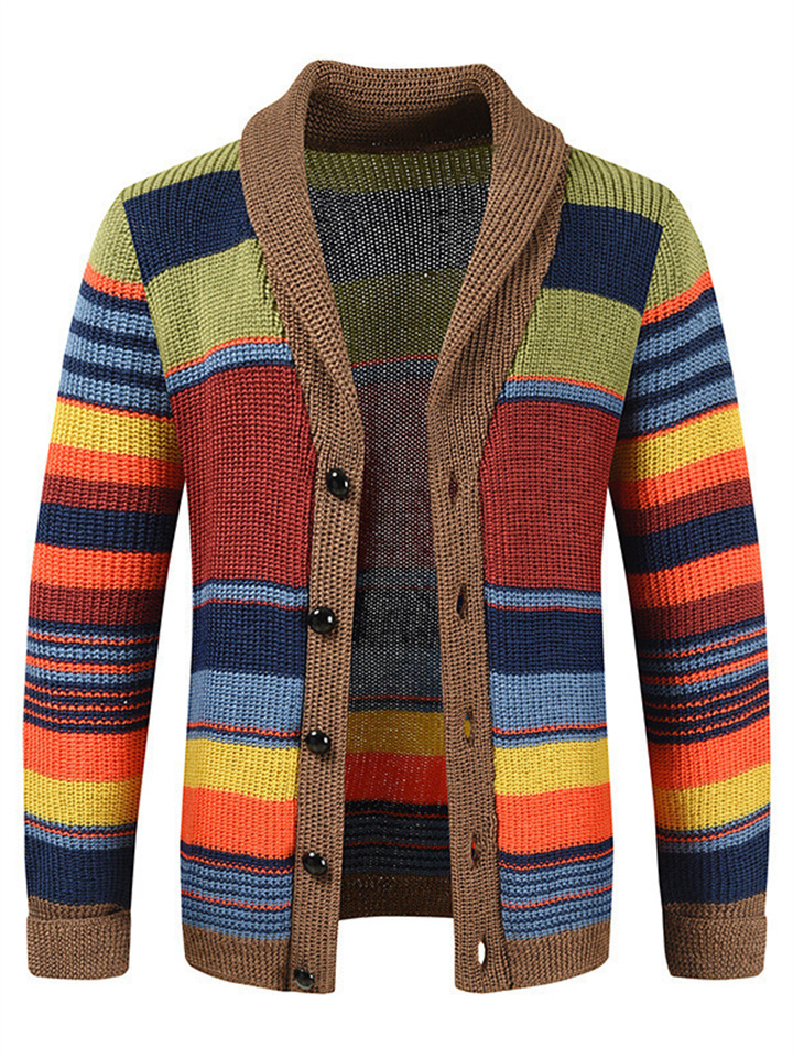 Men's Rainbow Sweater New Sweater Jacket Autumn and Winter Lapel Colorblocking Sweater