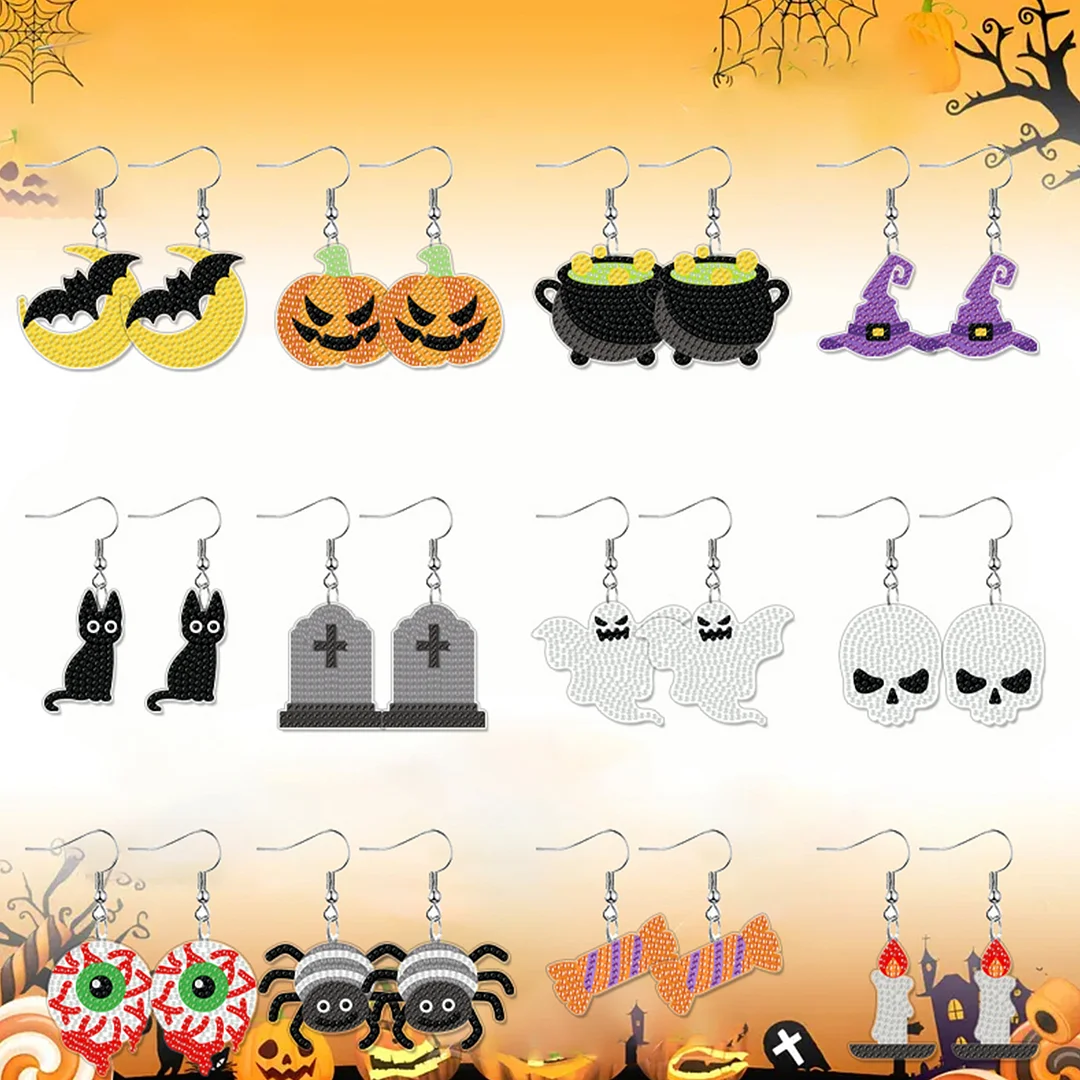 12 Pairs Halloween Diamond Painting Earrings DIY Diamond Art Earrings for Adults