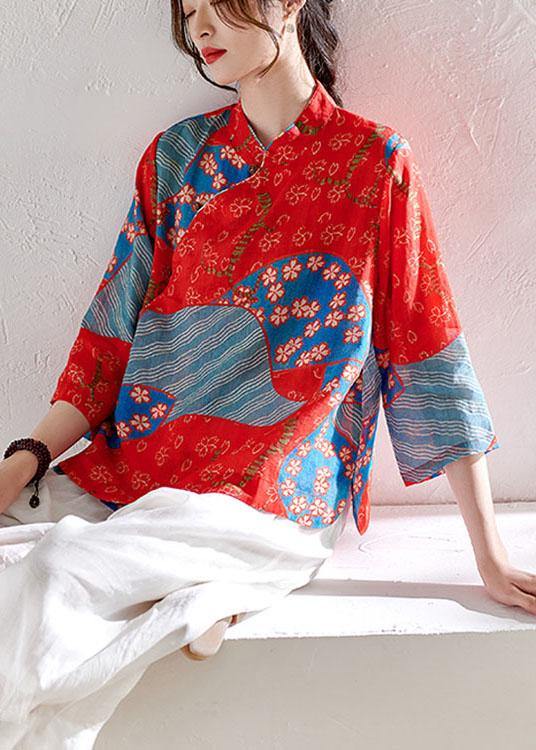 VCSHOES Red Print Button Summer Ramie Shirt Tops