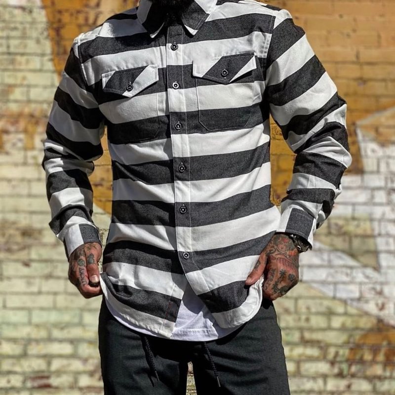 Heavy Retro Striped Long Sleeve Casual Shirt