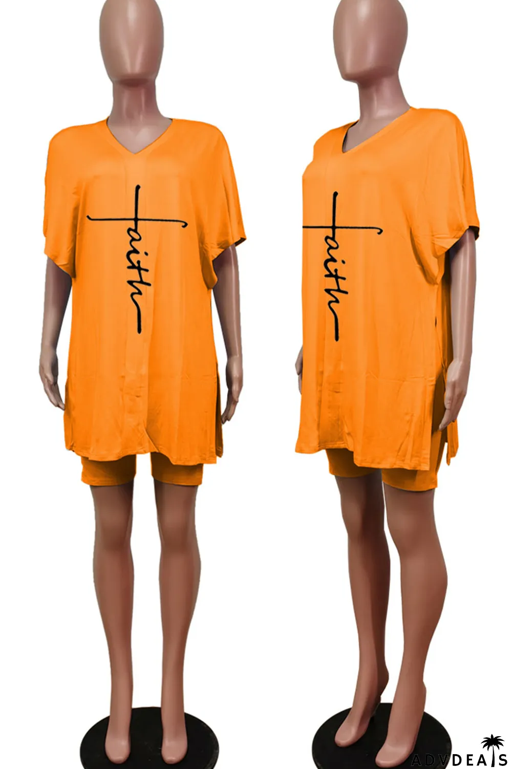 Tangerine Red Casual Print Split Joint V Neck Short Sleeve Two Pieces