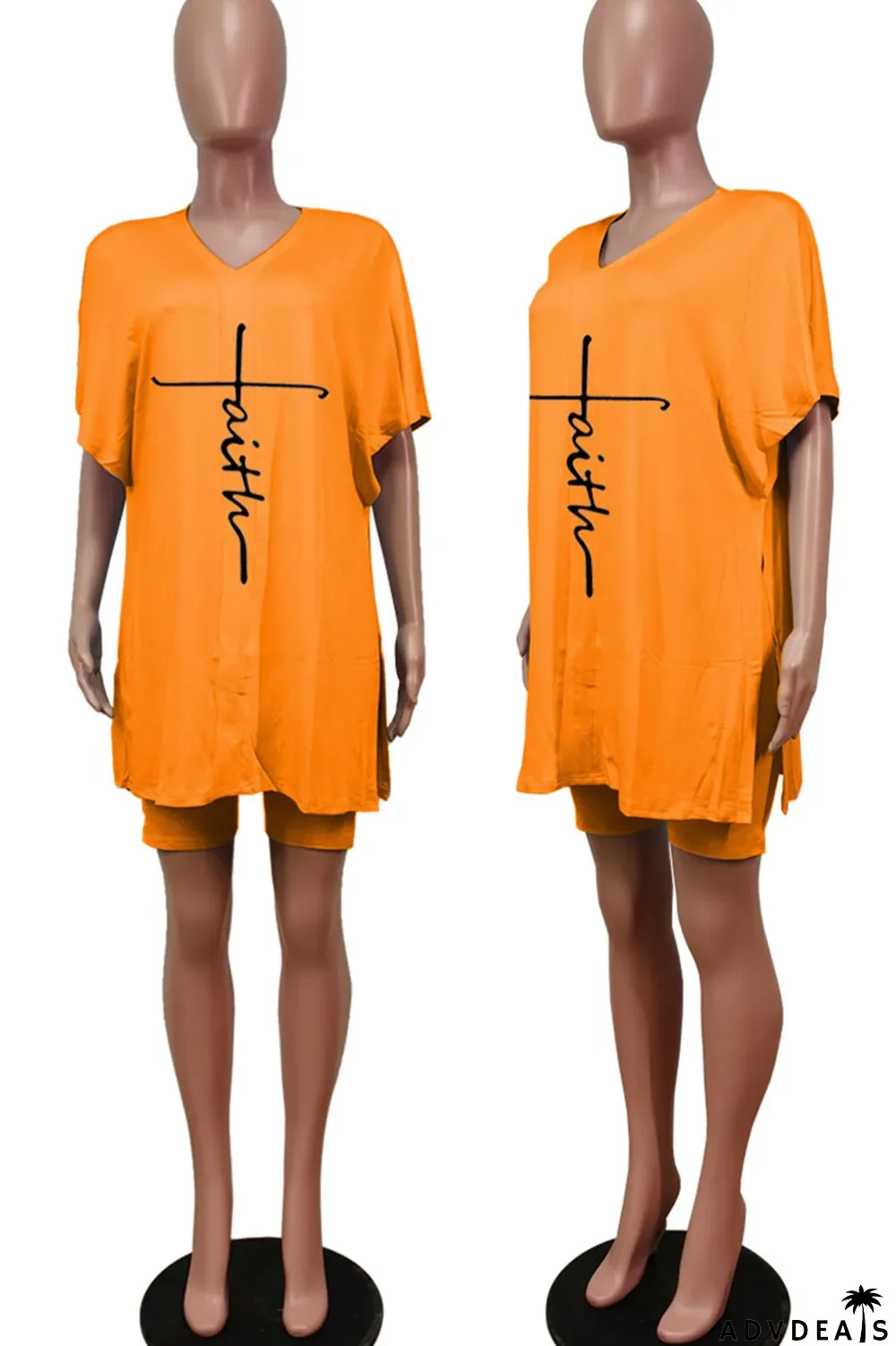 Tangerine Red Casual Print Split Joint V Neck Short Sleeve Two Pieces